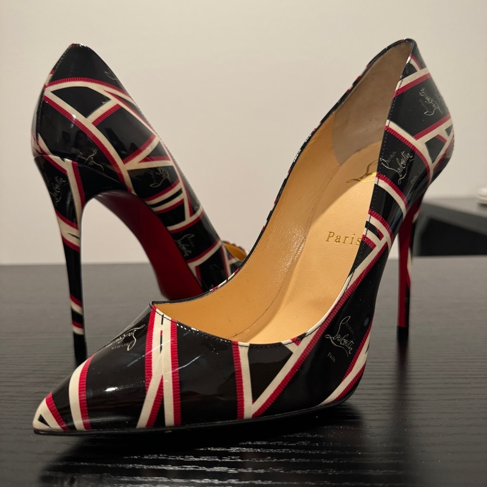 Christian Louboutin Pigalle 100 Patent Black and Red Ribbon Logo